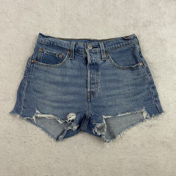 LEVIS 501 Shorts Womens Size 27 Blue Button Fly High Rise Distressed Denim - Picture 3 of 13